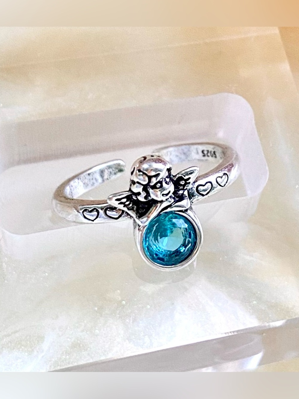 Sterling Silver Angel Ring with Blue Gem